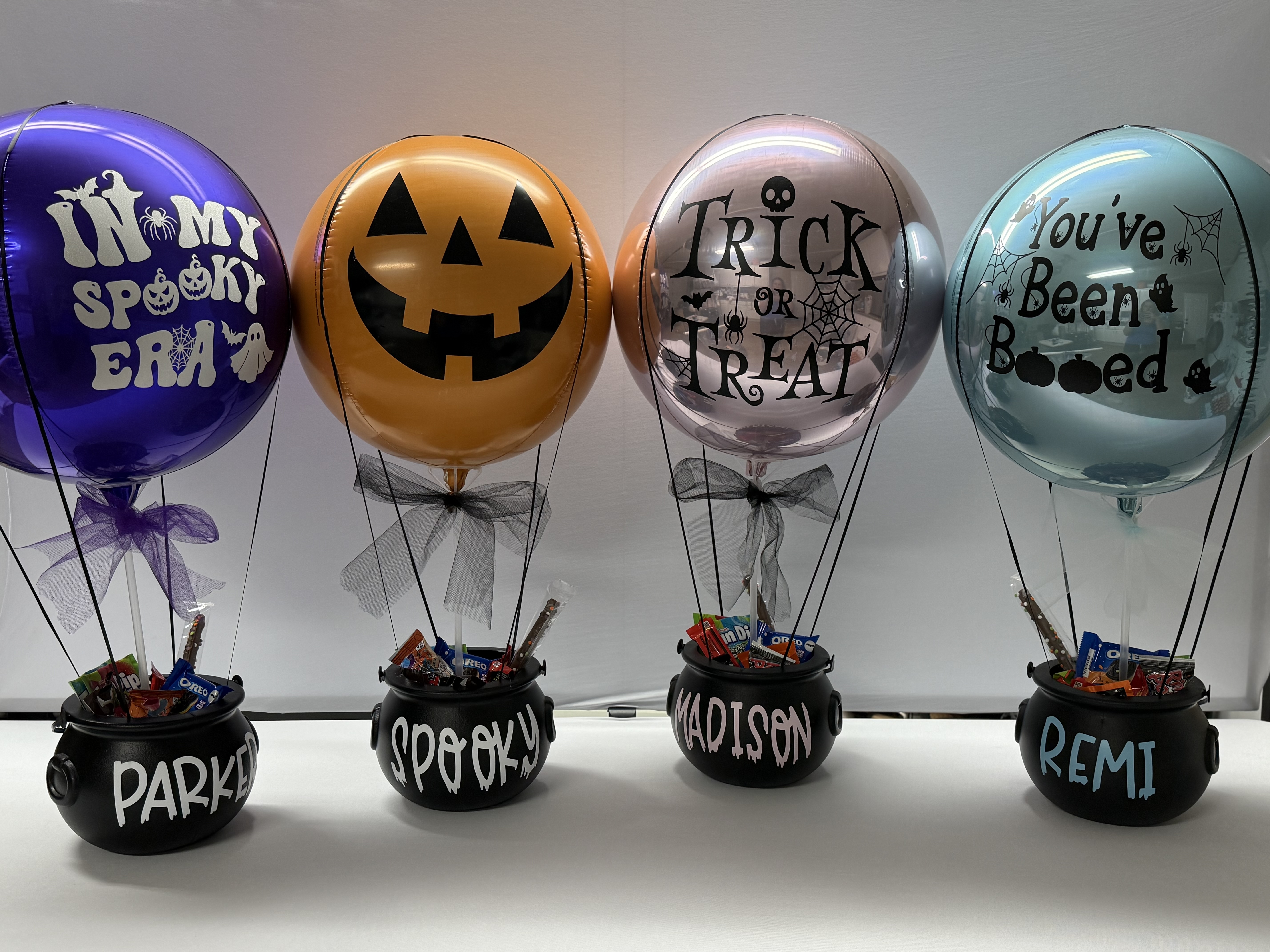 Halloween Boo Basket gift balloons on personalized cauldrons