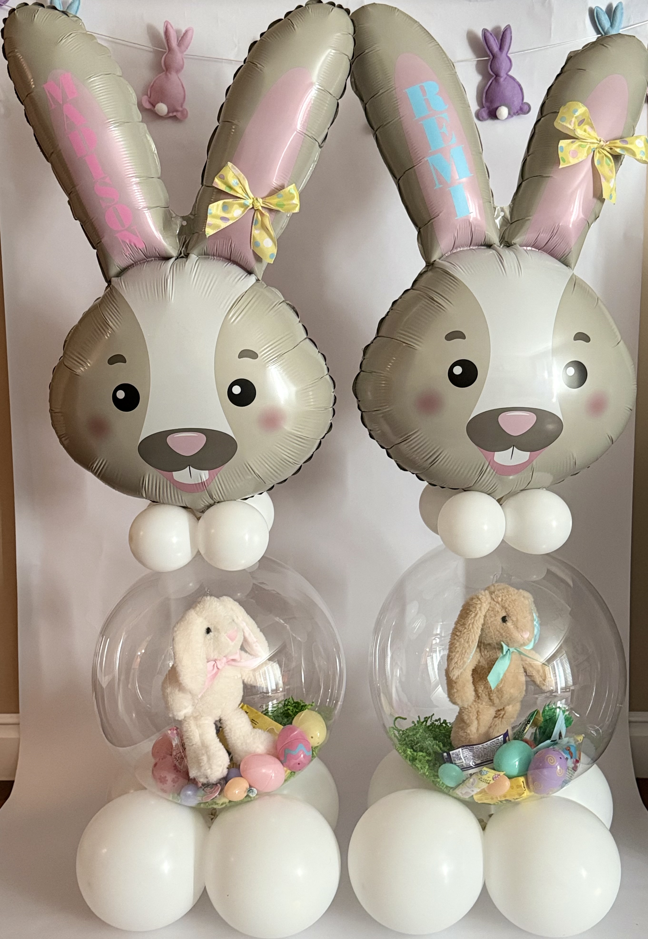 Easter bunny stuffed gift balloons with personalized baskets