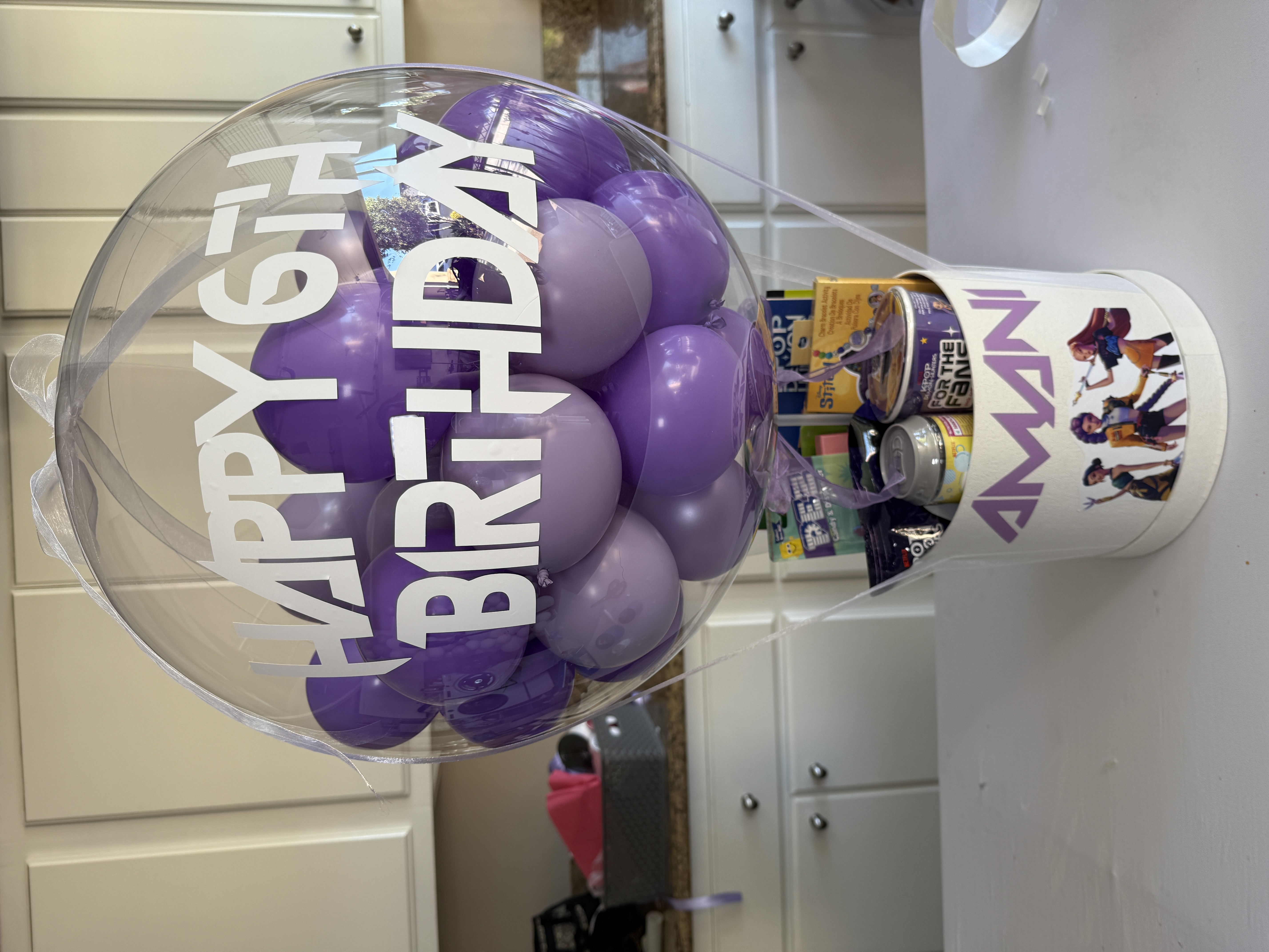 Custom character-themed birthday gift balloon with treats