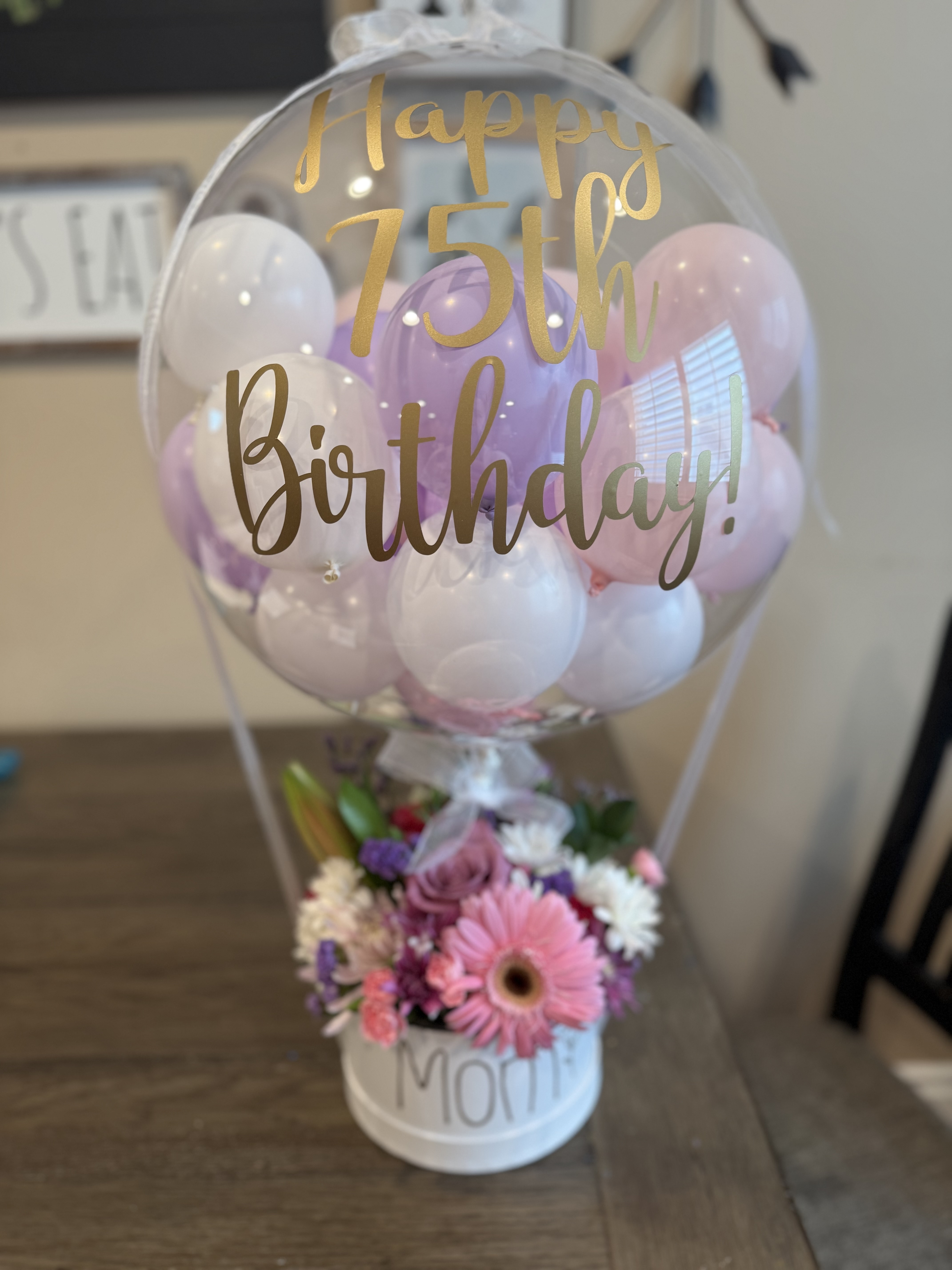 Happy 75th Birthday hot-air-balloon gift with fresh florals