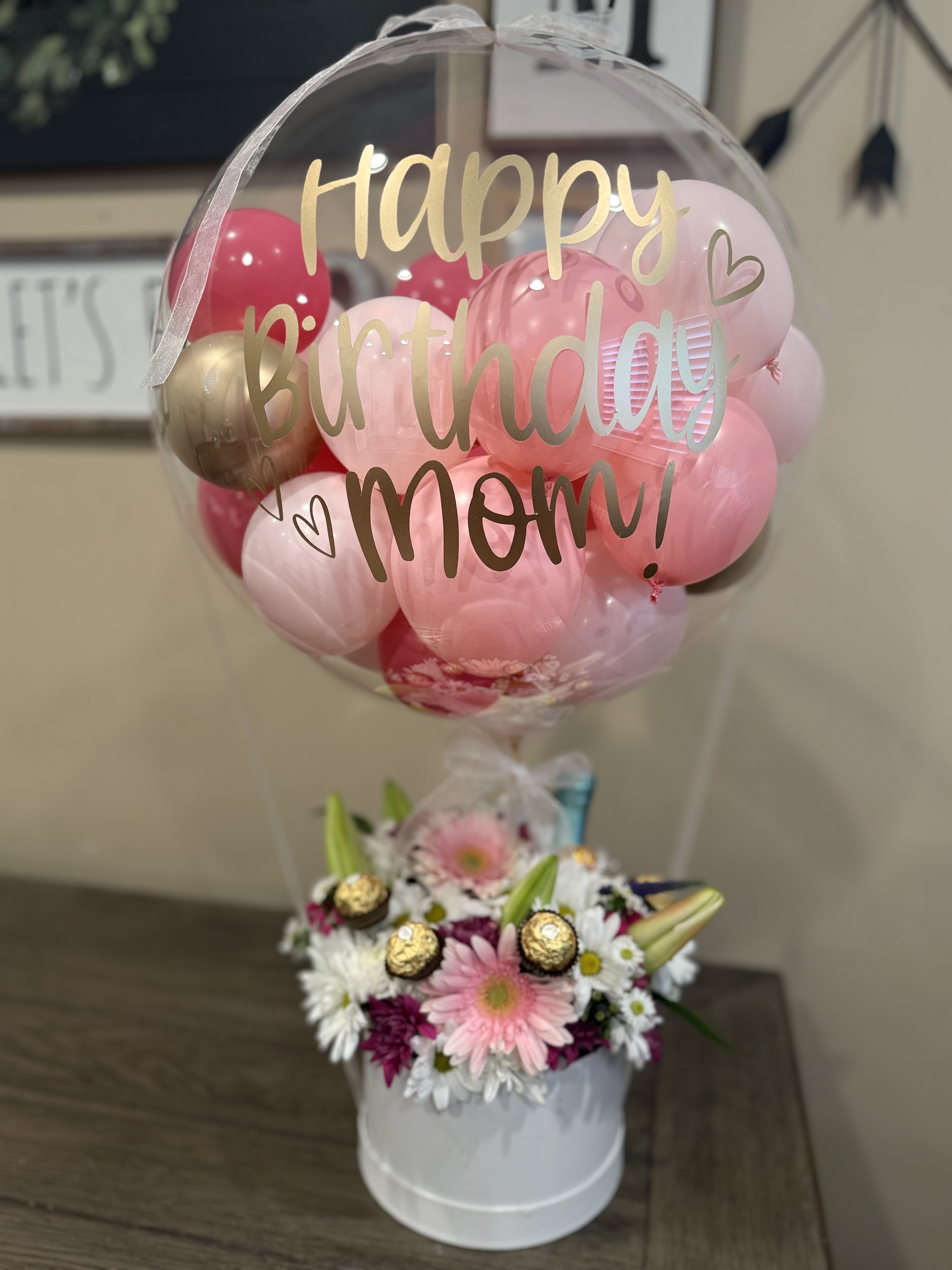 Happy Birthday Mom gift balloon with florals and treats