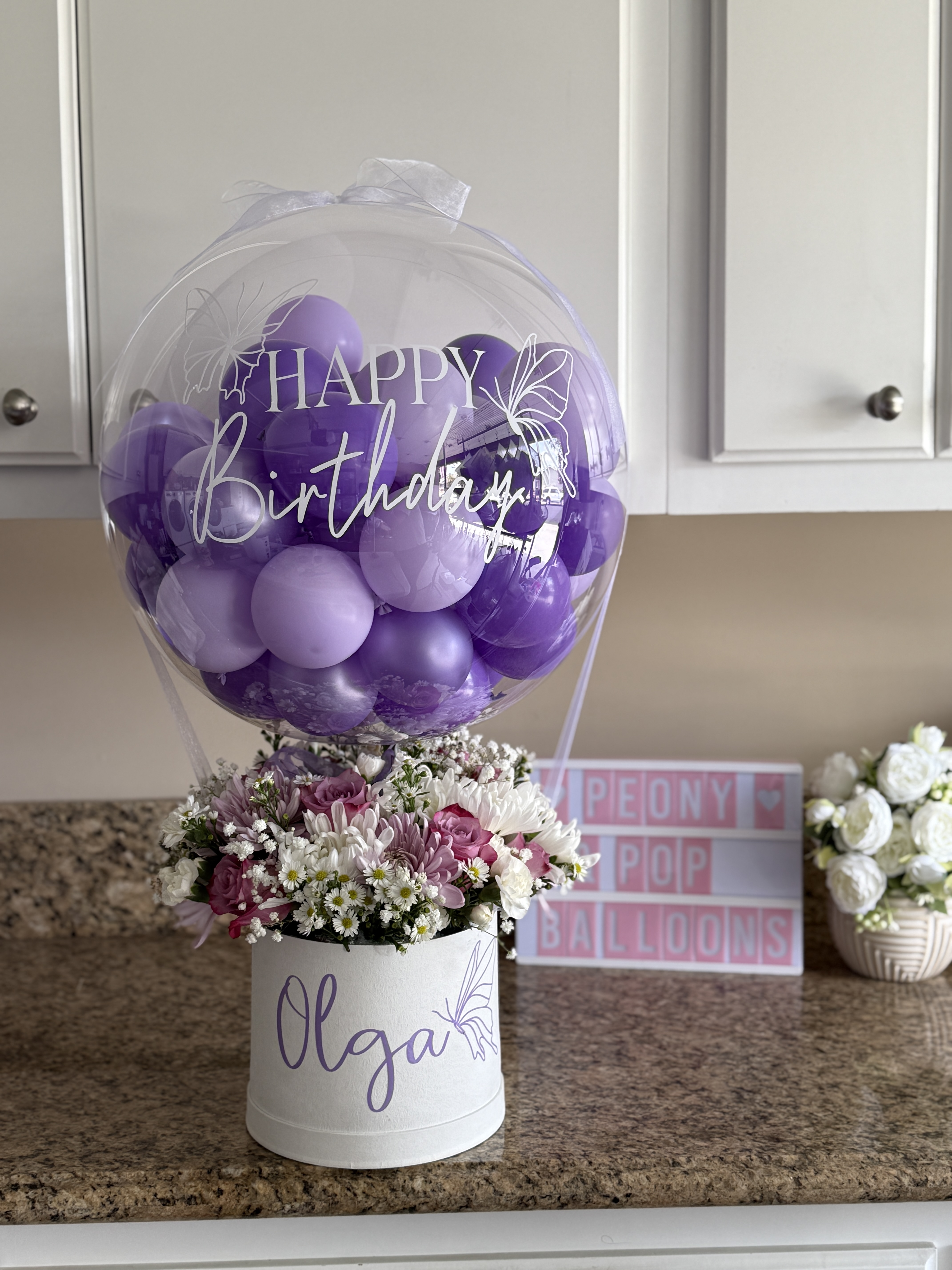 Happy Birthday Olga purple mini-balloon bobo with florals