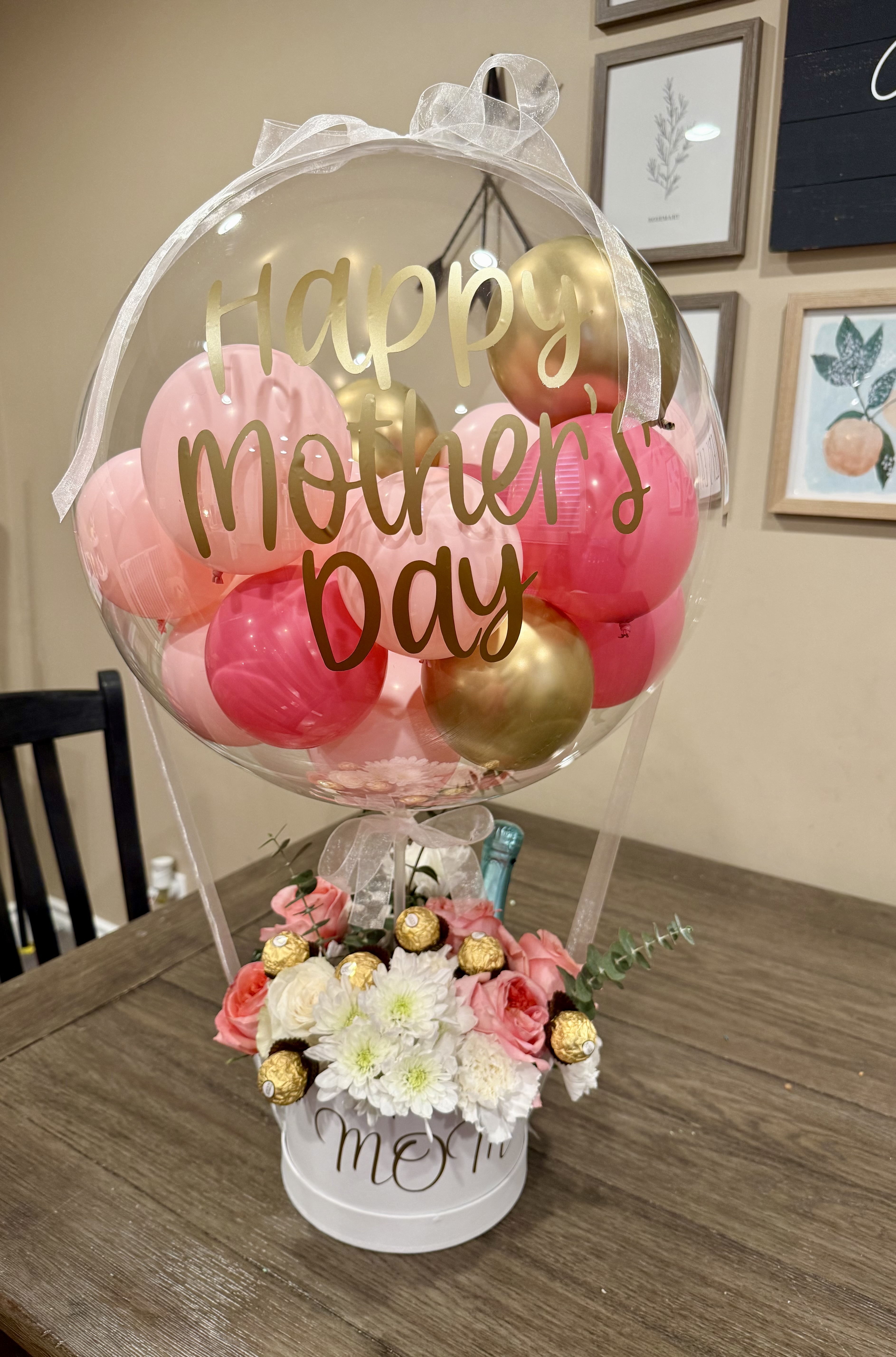 Happy Mother's Day hot-air-balloon bouquet with fresh florals and chocolates
