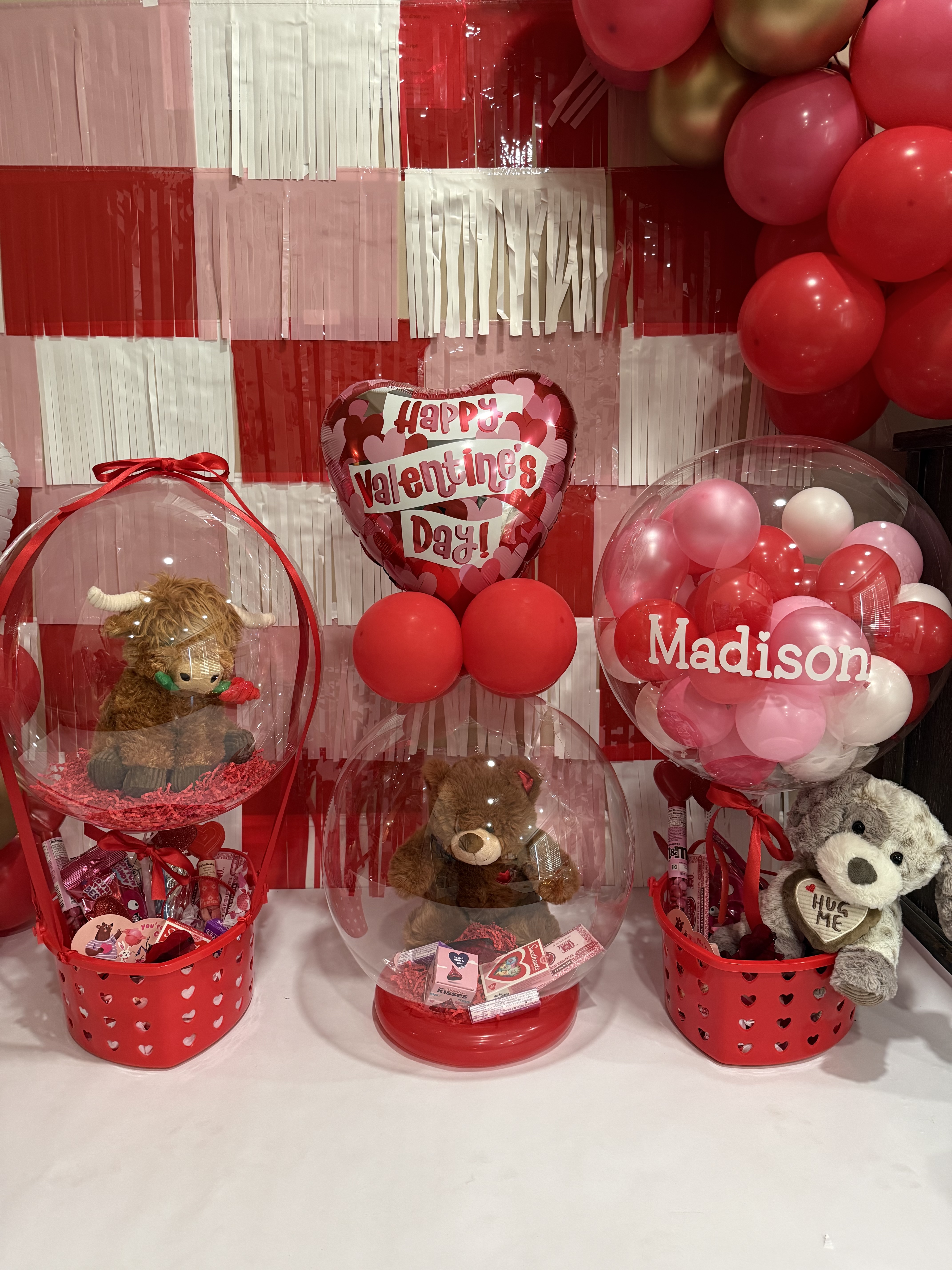 Valentine's Day hot-air-balloon gift basket with personalized name
